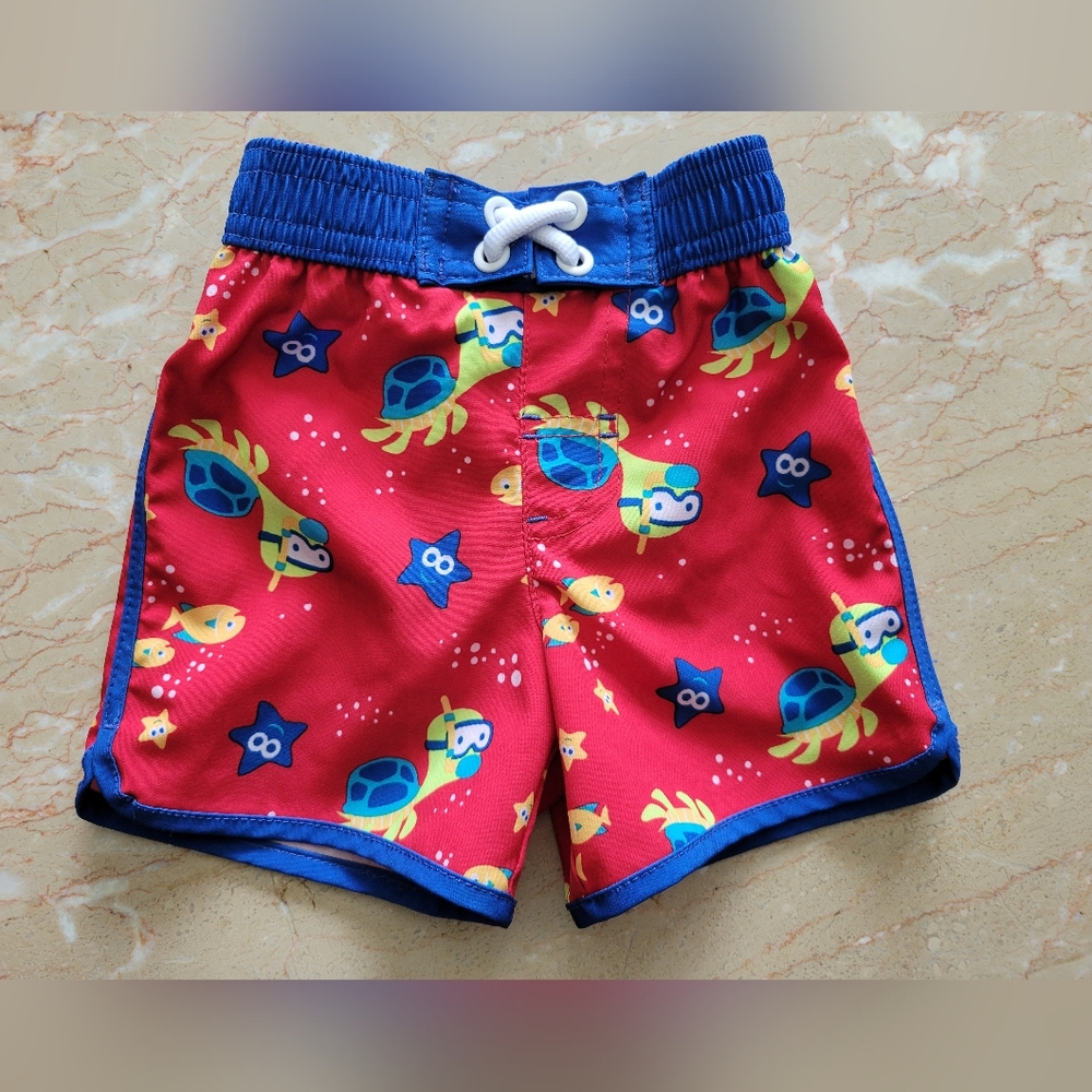 Baby Red Swim Shorts with Turtle Print